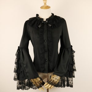 Black Shirt With Big Puff Sleeve,ruffled Bib Blouse,vintage Shirt,women ...