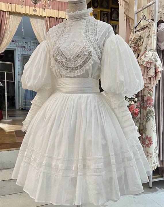 White Lace Shirt With Skirt,silk Cotton Vintage Dress,elegant Ruffle Dress,victorian  Style Wedding Dress -  Canada