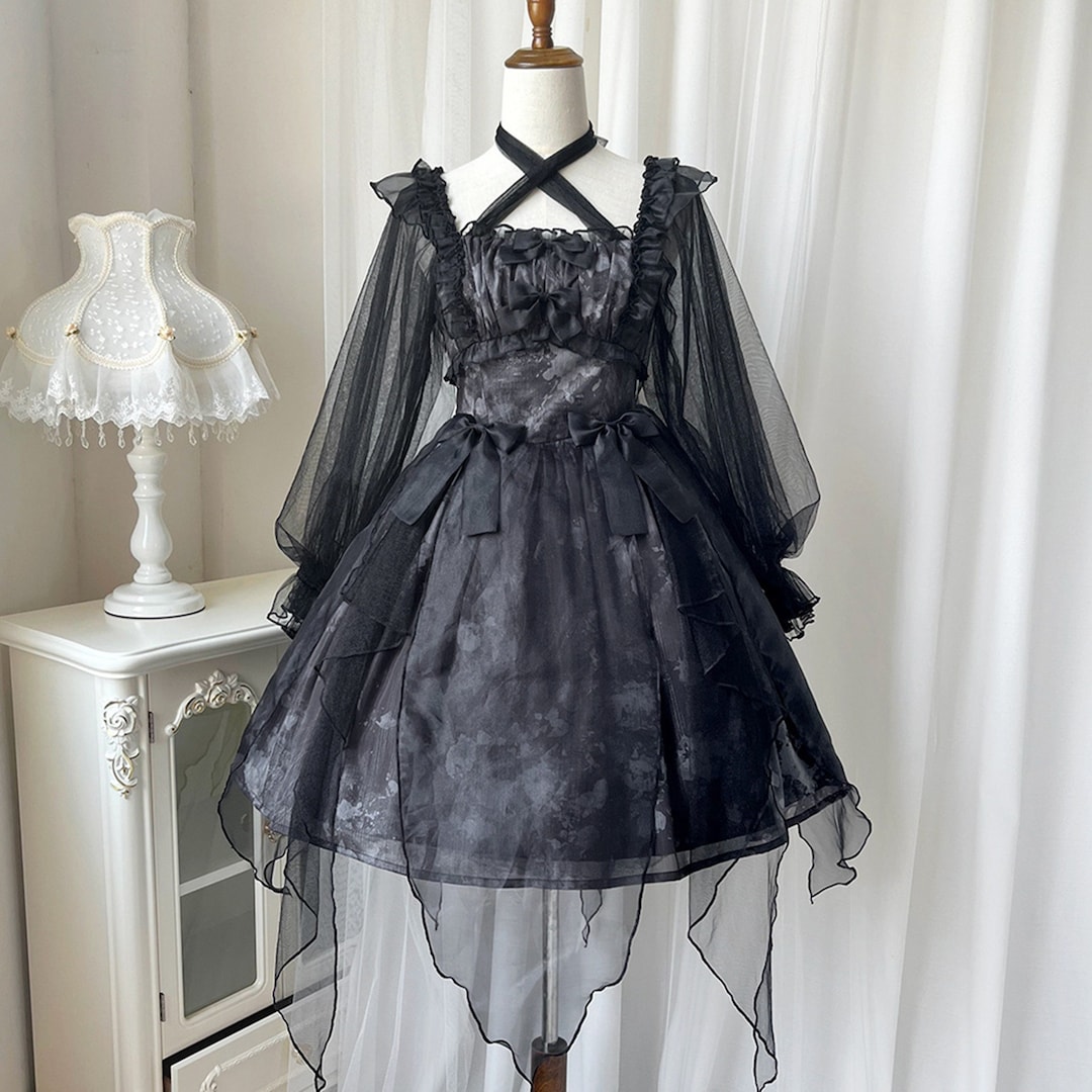 Black Goth Dress With Puff Sleeve,ruffle Dress,bows Dress,lace Babydoll ...