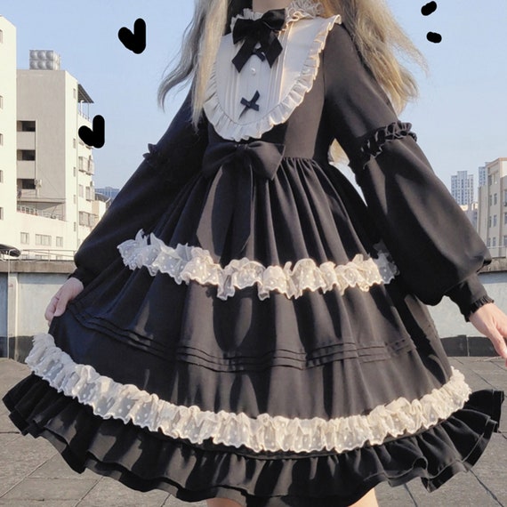 Robe Lolita noire avec nœud papillon robe gothique à col - Etsy France