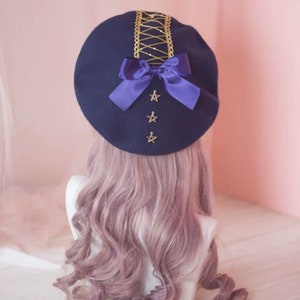 Navy Wool Hat,gold Stars Beret,winter Autumn Beret Cap,handmade Hat