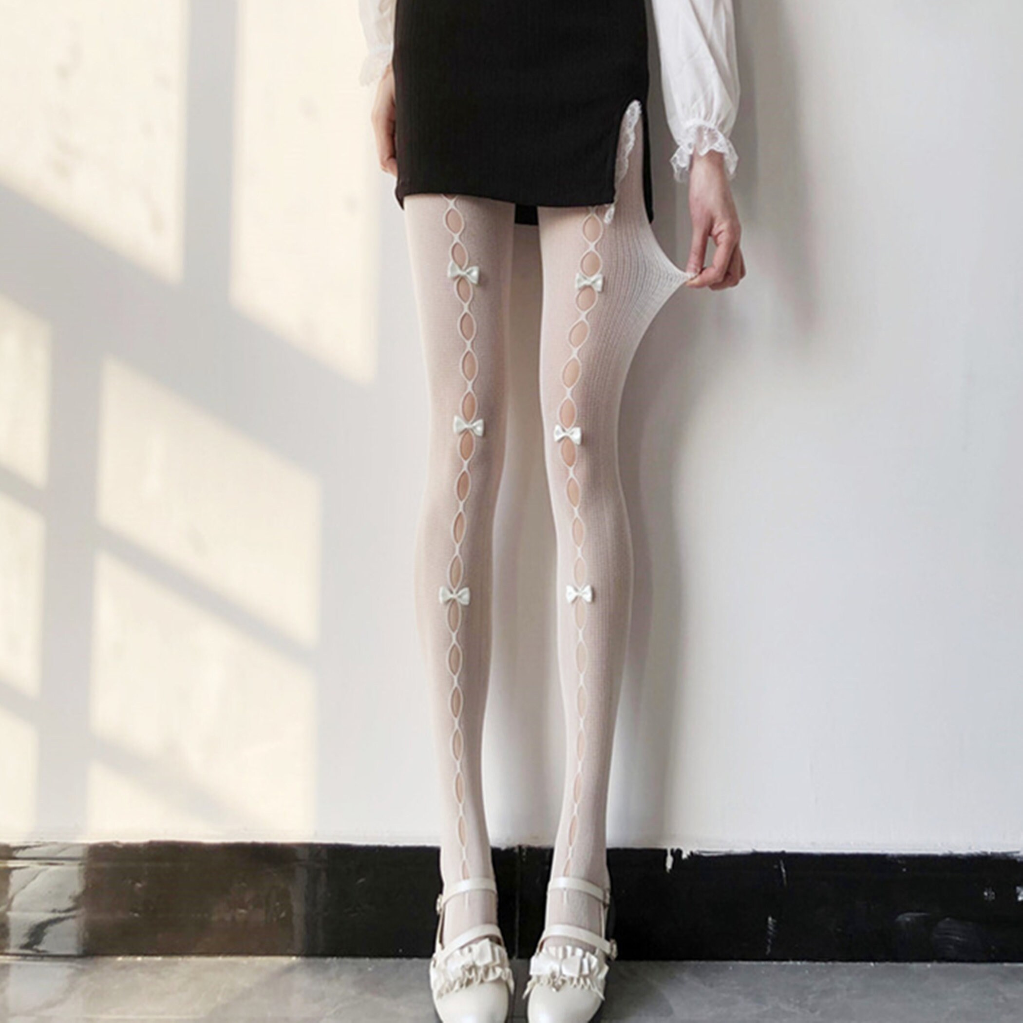 White Hollow Lace SocksPantyhose Lolita TightBowknot | Etsy
