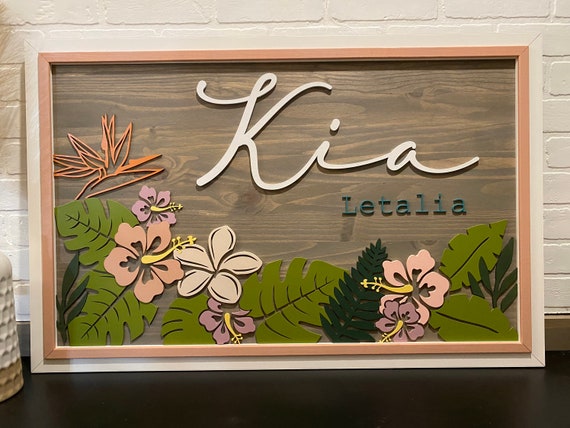 Hawaiian Floral Nursery Personalized Name Board, Botanical Wall Decor for child’s room, Floral Welcome Sign