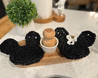 Wood Tray with Wood Dish Brush and Mickey Shaped Scrubbies - Engraved Mickey Design"