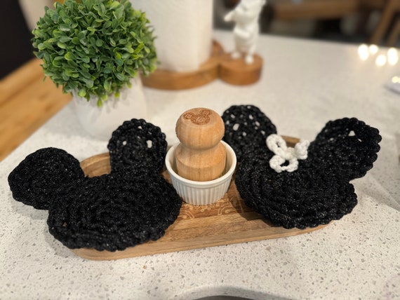 Wood Tray with Wood Dish Brush and Mickey Shaped Scrubbies - Engraved Mickey Design"