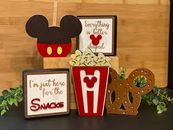 Snack Tiered Tray Set of 5 Disney inspired  - Popcorn, Pretzel, Candy Apple, Mickey Shaped, Solid Wood Quote Blocks