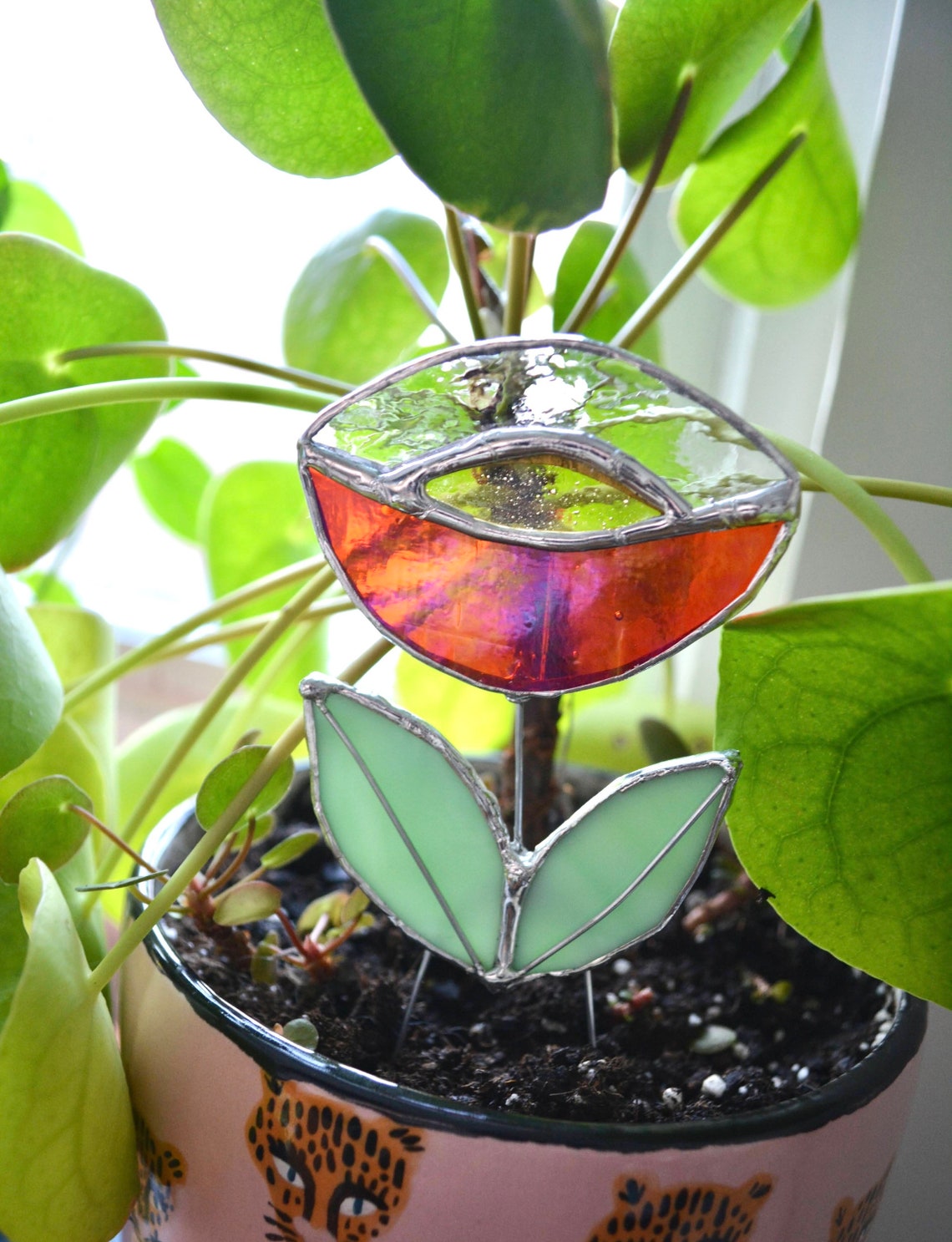 Stained glass flower garden plant stake Etsy