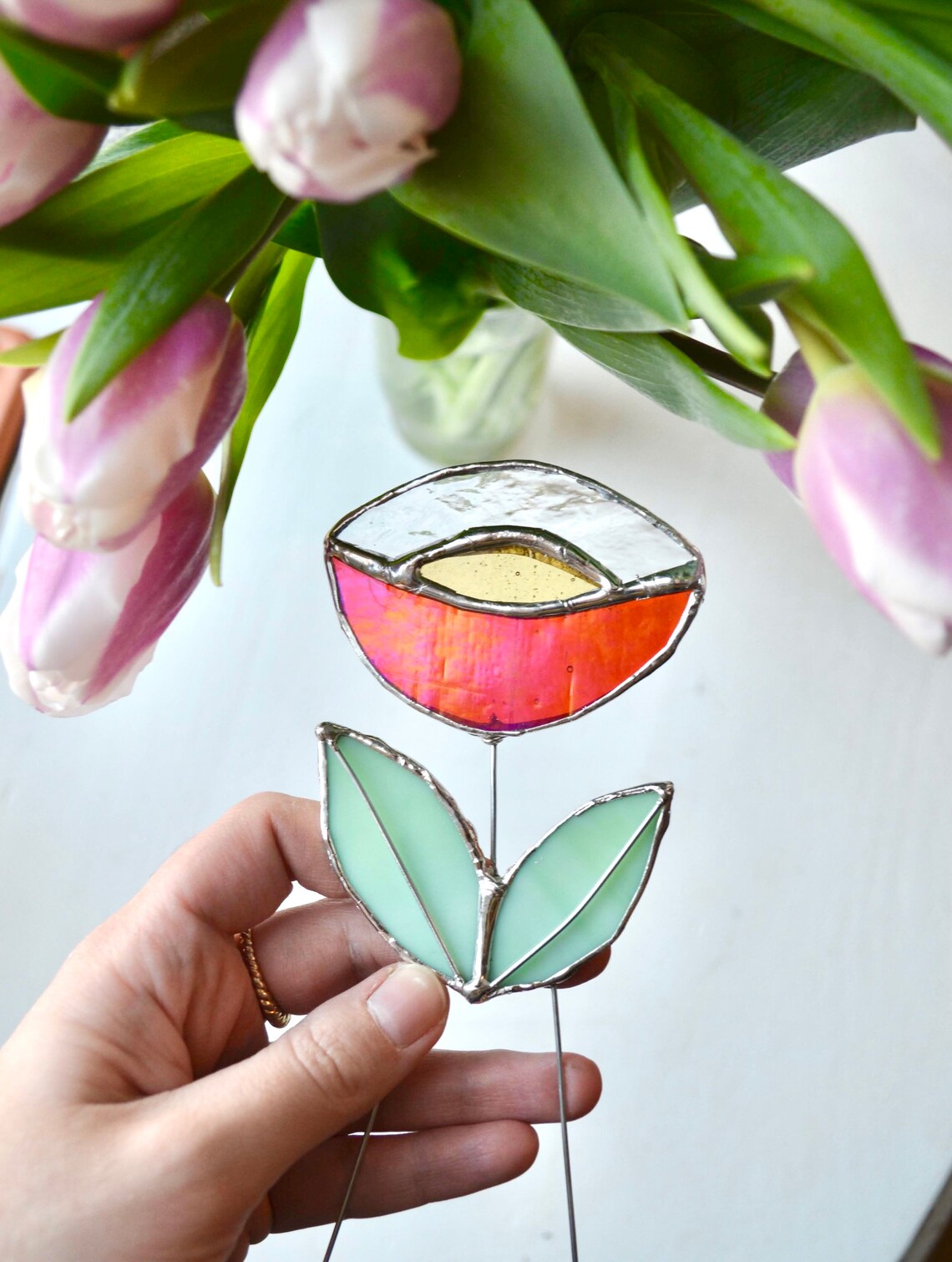 Stained glass flower garden plant stake Etsy