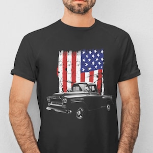 1959 Apache Pickup Truck Three Quarter View With Us Flag T Shirt