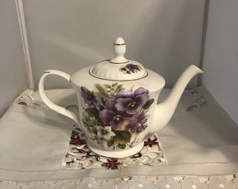 Teapot Fine Bone China Luxford  Purple Pansy's White Flowers