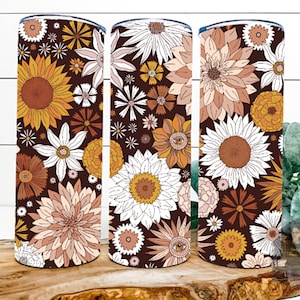 Fall Inspired Tumbler With Retro Flowers, 70&#39;s Vibe Tumbler