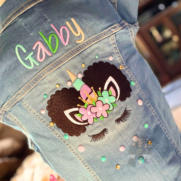 Little Girls Afro Puff Unicorn Blinged Jean Jacket