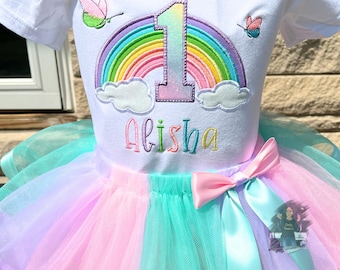 Pastel Rainbow Shirt With Pastel Colored Ribbon Trimmed Tutu, Pastel Tutu With Bow, Pastel Rainbow Shirt With Butterflies