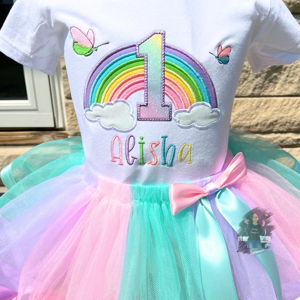 Pastel Rainbow Shirt With Pastel Colored Ribbon Trimmed Tutu, Pastel Tutu With Bow, Pastel Rainbow Shirt With Butterflies