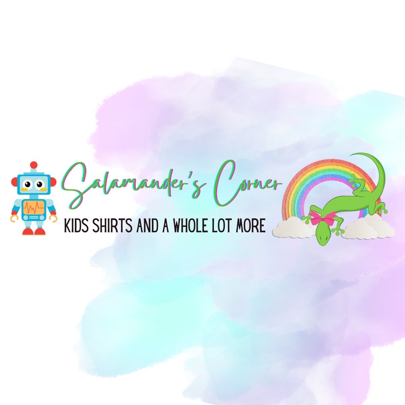 May include: A colorful logo for a children's clothing shop called "Salamander's Corner". The logo features a blue robot, a green lizard, and a rainbow. The text "Kids Shirts and a Whole Lot More" is below the logo.