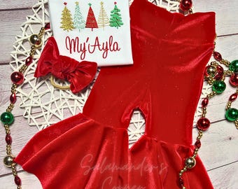Infant and Toddlers Bell Bottoms Outfit, Old Fashioned Christmas Tree Inspired Ruffle Sleeve Shirt, Bracelet and Bow