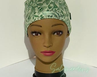 Euro Style Scrub Cap, Green Home Sweet Home Scrub Cap with Green Flower and Green Bees