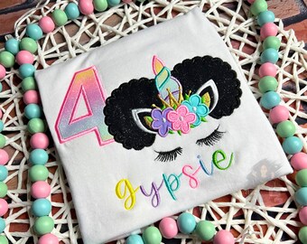African Unicorn Afro Puff Shirt, Birthday #4 Unicorn Tee, Add Any Number Birthday Afro Puff Tee