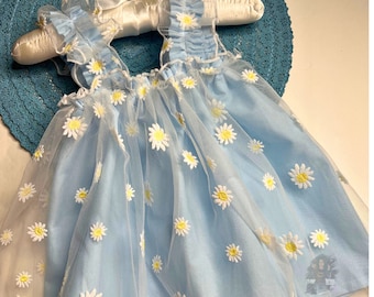 Handmade Embroidered Daisy Tulle Dress, Spring Summer Boho