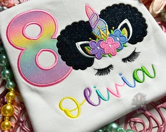 African Unicorn Afro Puff Shirt, Birthday #4 Unicorn Tee, Add Any Number Birthday Afro Puff Tee