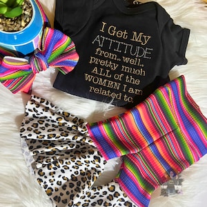 Infant and Toddlers Striped Bell Bottom/Cheetah Print, Infant Attitude Shirt, Bell Bottoms With Matching Bows, 70&#39;s Inspired.