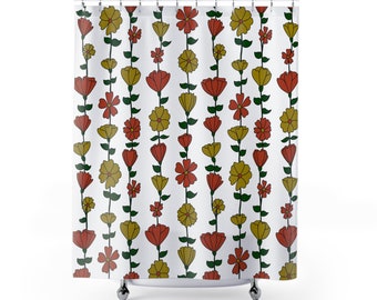 Retro 70s Floral Print Shower Curtains | Groovy Daisies Pattern Bathtub Curtain | Abstract Scandinavian Drapes | Bohemian Washroom Drapery