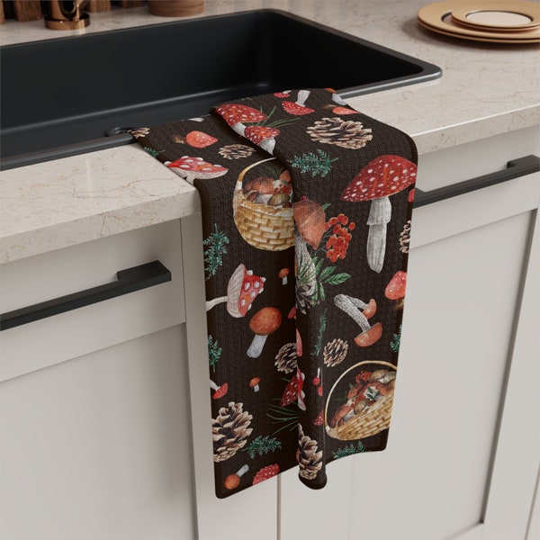 Dark Mushroom Forest Soft Tea Towel | Red Rustic Toadstool Dish Cloth | Nordic Fly Agaric Vintage Dishcloth | Amanita Fungi Kitchen Linen