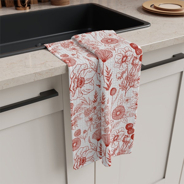 Red Toile Wildflower Soft Tea Towel | Rustic Monotone Floral Dish Cloth | Warm Billy Ball Flower Dishcloth | Wheat Flowers Kitchen Linen