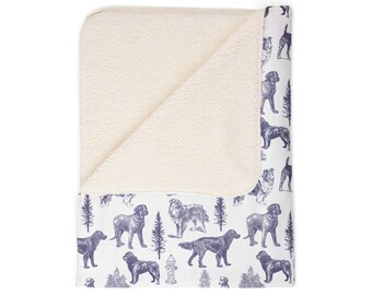 Vintage Hunde-Fleecedecke mit rustikalem Toile-Print, Sherpa-Unterseite