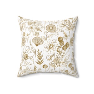 Almofada quadrada de flores silvestres Gold Toile | Almofadas decorativas florais amarelas rústicas | Almofada de flores retrô simples | Almofadas de quarto de flores de fazenda