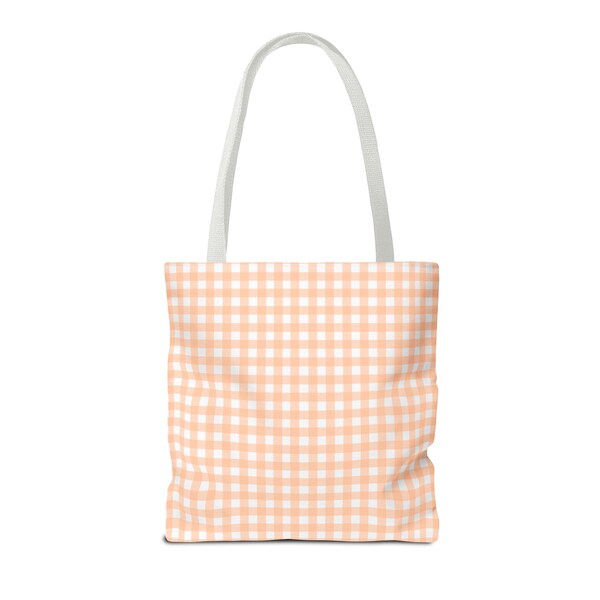 Pale Peach Plaid Tote Bag | Apricot Checkered Canvas Bag | Blush Coral Picnic Pattern Shoulder Side Purse | Pastel Tartan Shopping Handbag