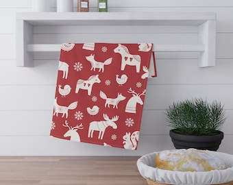 Christmas Folk Art Hand Towel: Nordic Animal Print Kitchen Decor