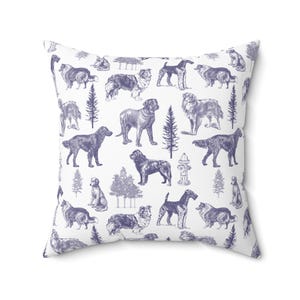 Toile Dog Throw Pillow: Navy Blue Puppy Print Cushion