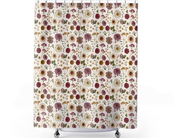 Wildflower Shower Curtains | Daisy Woodland Floral Bathtub Curtain | Garden Botanical Bath Drapes | Boho Flowery Pressed Washroom Drapery