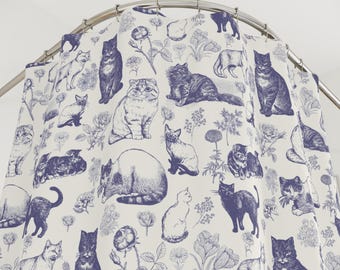 Duschvorhang mit Vintage-Katzenmuster in Blau | Katzen im Toile-Stil