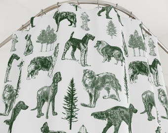 Grüner Toile Vintage Hunde Duschvorhang | Cottagecore Badezimmer Dekor