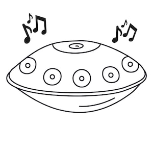 Könnte beinhalten: Eine Schwarzweiß-Zeichnung eines Handpans, einem Musikinstrument mit einer abgerundeten, konkaven Form und sieben Vertiefungen. Das Handpan ist von Noten umgeben.