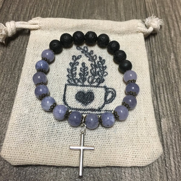 Natural Gemstone Bracelet, Blue Angelite, Lava Bead, Essential Oil Diffuse Jewelry, Stretch Bracelet, Silver Cross Charm