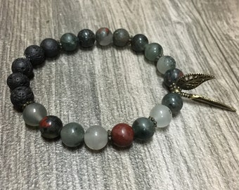 Natural Gemstone Bead Bracelet, Bloodstone Jasper, Lava Bead, Essential Oil Diffuser Jewelry, Stretch Bracelet, Leaf and Feather Charms