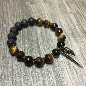 Natural Gemstone Bracelet, Tiger&#39;s Eye, Black Obsidian, Lava Bead, Essential Oil Diffuser Jewelry, Stretch Bracelet, Feather and Leaf Charm