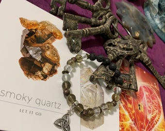 Natural Gemstone Beaded Diffuser Lava Stone, Smoky and Clear Quartz Bracelet