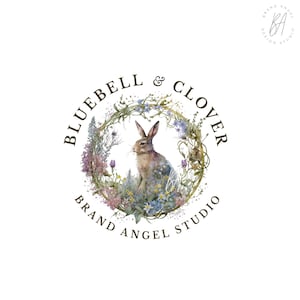 Hare Logo Design, Cottage Logo, Rabbit with Meadow Flower Wreath Logo Design, Country Branding, Watercolor, Handmade Shop Craft