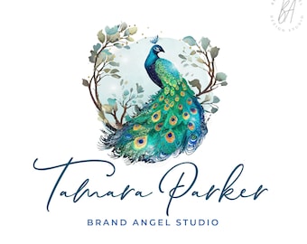 Peacock Logo, Nature Branding with Blue Feather, Watercolor Peacock Logo Design, Wellness and Beauty Logo, Good Luck Logo