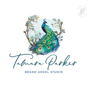 Peacock Logo, Nature Branding with Blue Feather, Watercolor Peacock Logo Design, Wellness and Beauty Logo, Good Luck Logo image 1