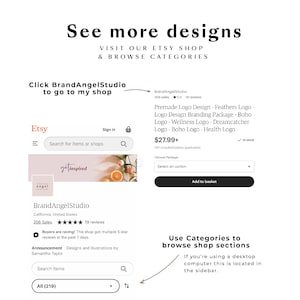 Puede incluir: Una captura de pantalla de una p&aacute;gina de tienda Etsy para BrandAngelStudio, que presenta un paquete de dise&ntilde;o de logotipo predise&ntilde;ado por 27,99 &euro;. El paquete de dise&ntilde;o incluye una variedad de estilos de logotipo, incluidos logotipos de plumas, boho, bienestar, atrapasue&ntilde;os y salud. La p&aacute;gina de la tienda tambi&eacute;n incluye una llamada a la acci&oacute;n para visitar la tienda y explorar las categor&iacute;as.