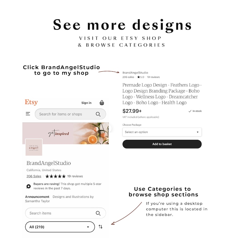 Puede incluir: Una captura de pantalla de una p&aacute;gina de tienda Etsy para BrandAngelStudio, que presenta un paquete de dise&ntilde;o de logotipo predise&ntilde;ado por 27,99 &euro;. El paquete de dise&ntilde;o incluye una variedad de estilos de logotipo, incluidos logotipos de plumas, boho, bienestar, atrapasue&ntilde;os y salud. La p&aacute;gina de la tienda tambi&eacute;n incluye una llamada a la acci&oacute;n para visitar la tienda y explorar las categor&iacute;as.