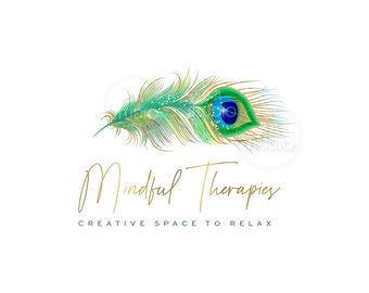 Peacock Feather Logo - Premade Logo Design -  Logo Design and Branding Package - Teal Logo - Feather Logo - Boho Logo - Peacock Logo