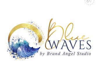 Blue Wave Logo Design, Abstract Wellness Logo, Health Branding Design, Watercolor Ink, Ocean Logo, Ocean Wave Logo