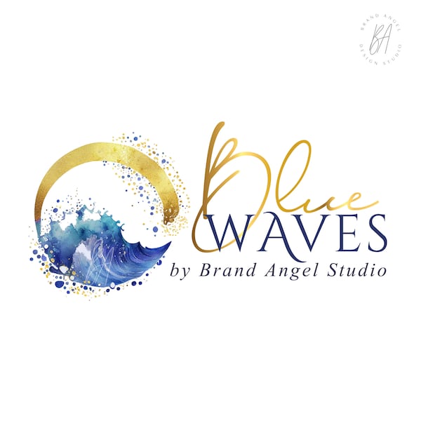 Blue Wave Logo Design, Abstract Wellness Logo, Health Branding Design, Watercolor Ink, Ocean Logo, Ocean Wave Logo