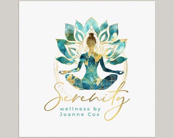 Woman Lotus Logo, Silhouette Wellness Branding Design in Gold and Teal